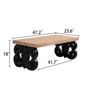 Black Scroll Base Coffee Table – 47' Rectangular Wood Living Room Table with Natural Top – Modern Farmhouse Accent Table – Elegant Centerpiece with Ornate Carved Design