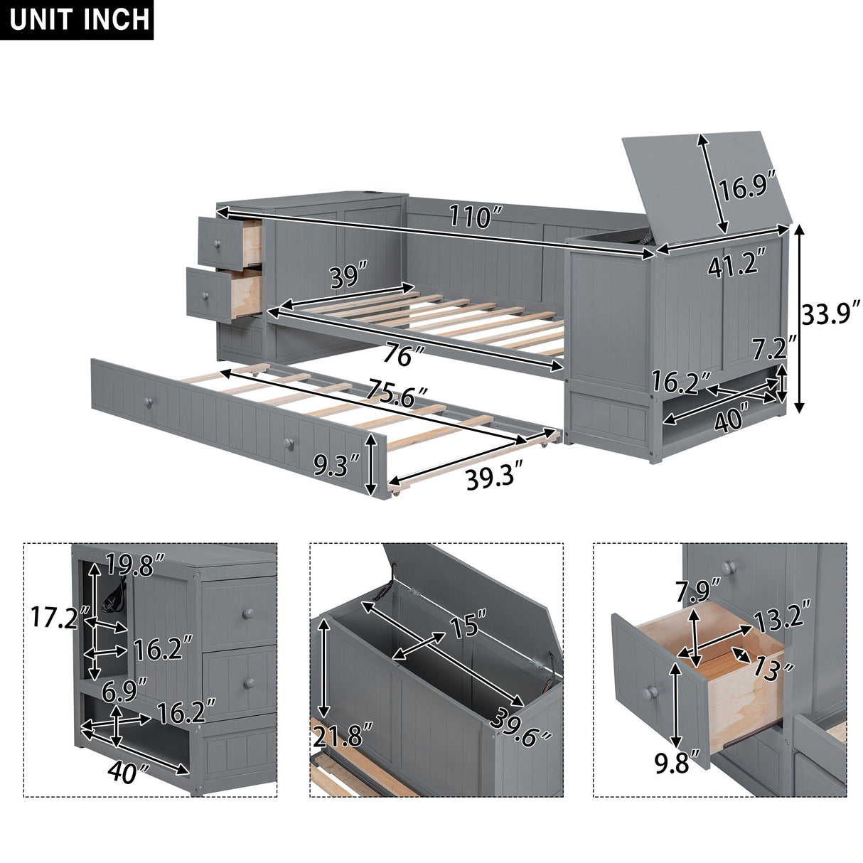 Daybed With Storage Arms, Trundle And Charging Station