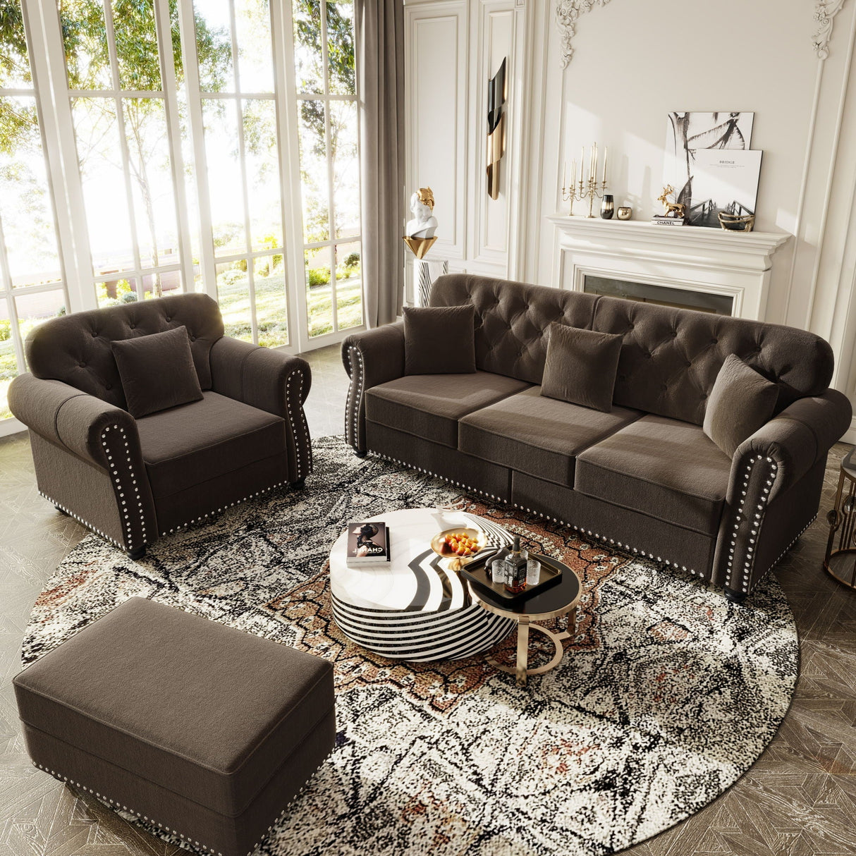 Upholstered Sofa Set With Nailhead Trim and Rolled Armrests, Includes Pillows