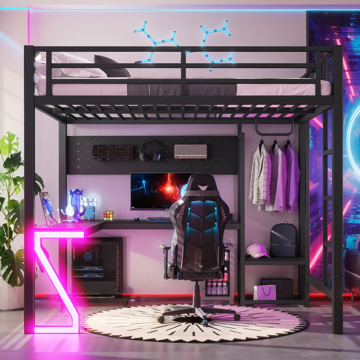 Full Loft Bed with L-shaped Desk and USB Ports