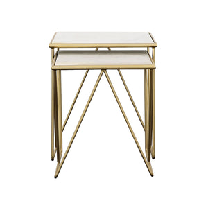 Sinclair - 2 Piece Nesting Table Set With Iron And Luxurious Marble Surface - White / Gold