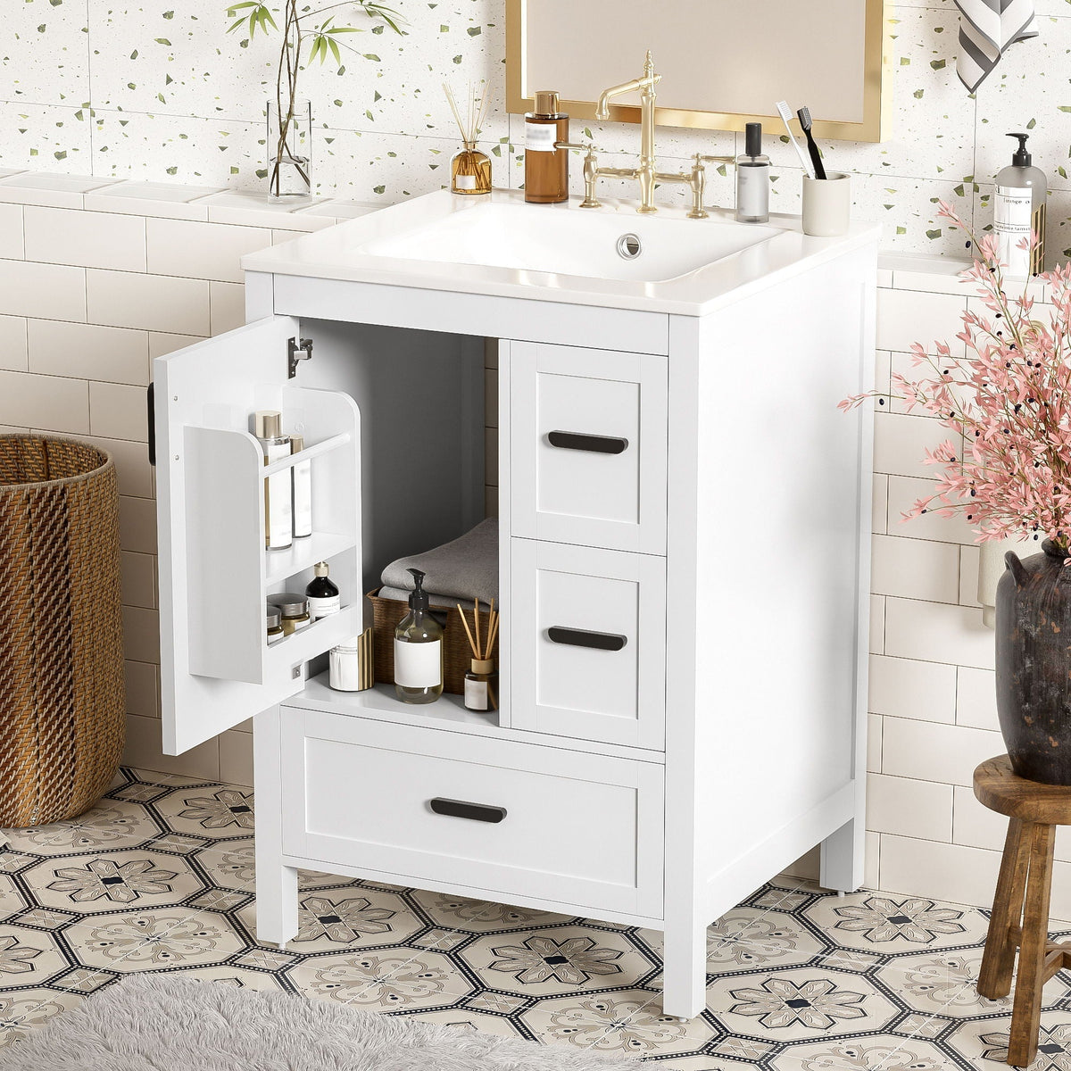 Bathroom Vanity with Sink, Soft-Close Doors & 3 Drawers - White, Black, Green