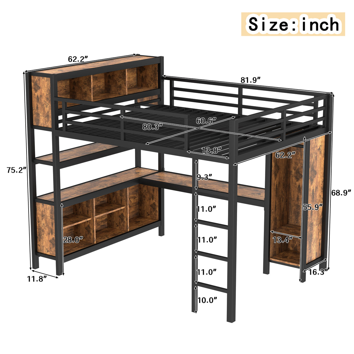 Metal Loft Bed with Wardrobe and L-Shaped Desk