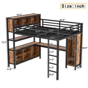 Metal Loft Bed with Wardrobe and L-Shaped Desk