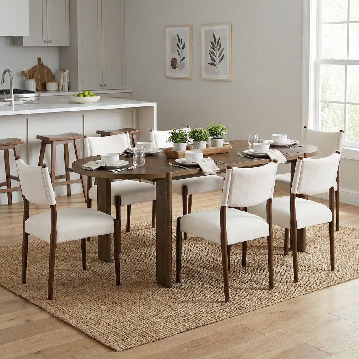 7 Pieces Modern Oval Dining Set, Rustic Farmhouse Solid Wood Kitchen Table Set for 6
