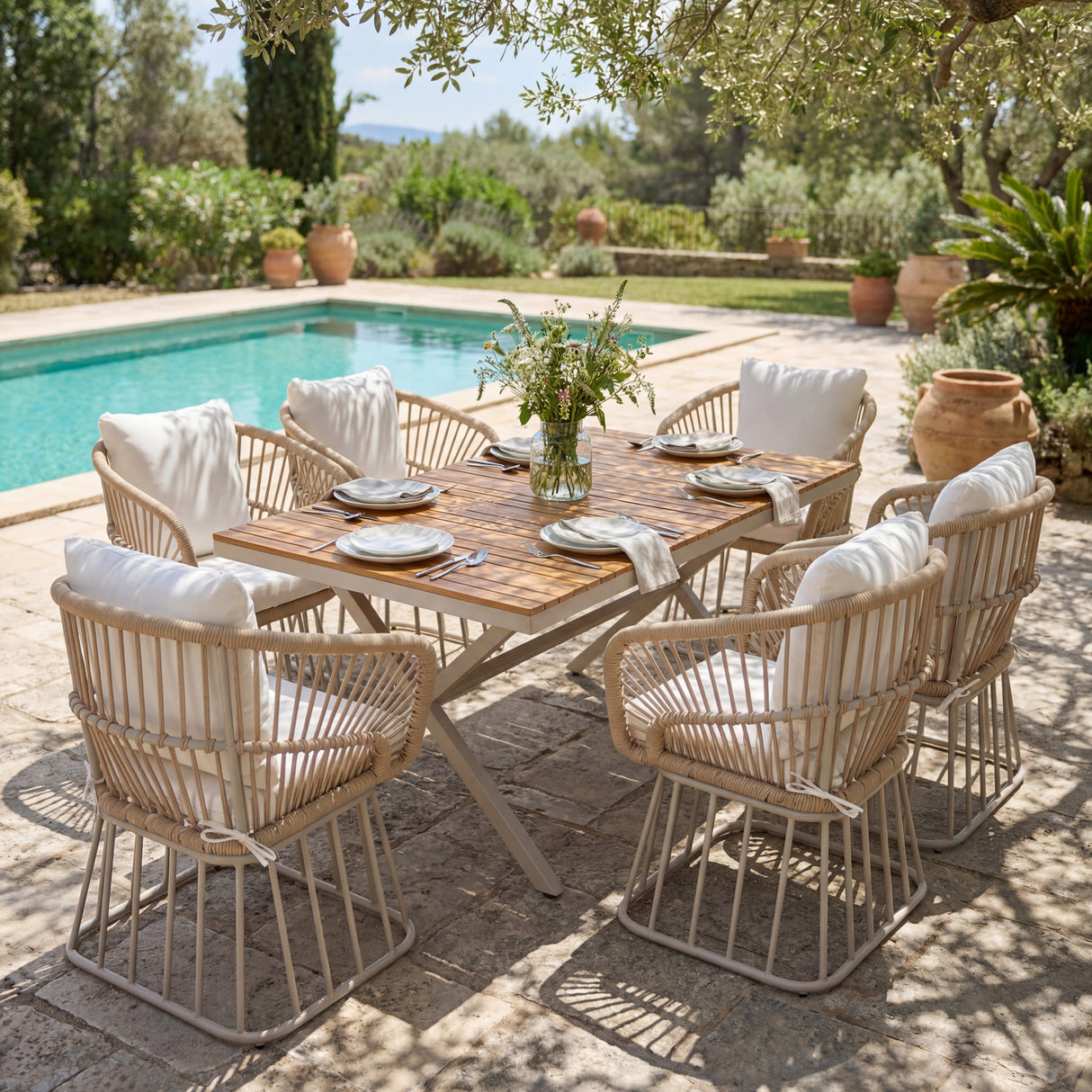 Outdoor 7-Piece Dining Set - Rectangular Teak Wood Table + 6 Wicker Chairs