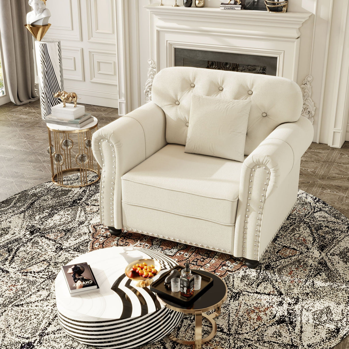 Upholstered Sofa With Nailhead Trim And Rolled Armrests, 1 Pillow - Beige / White