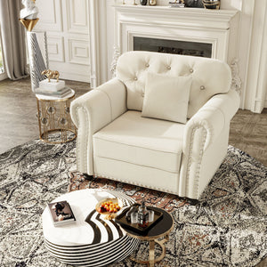 Upholstered Sofa With Nailhead Trim And Rolled Armrests, 1 Pillow - Beige / White