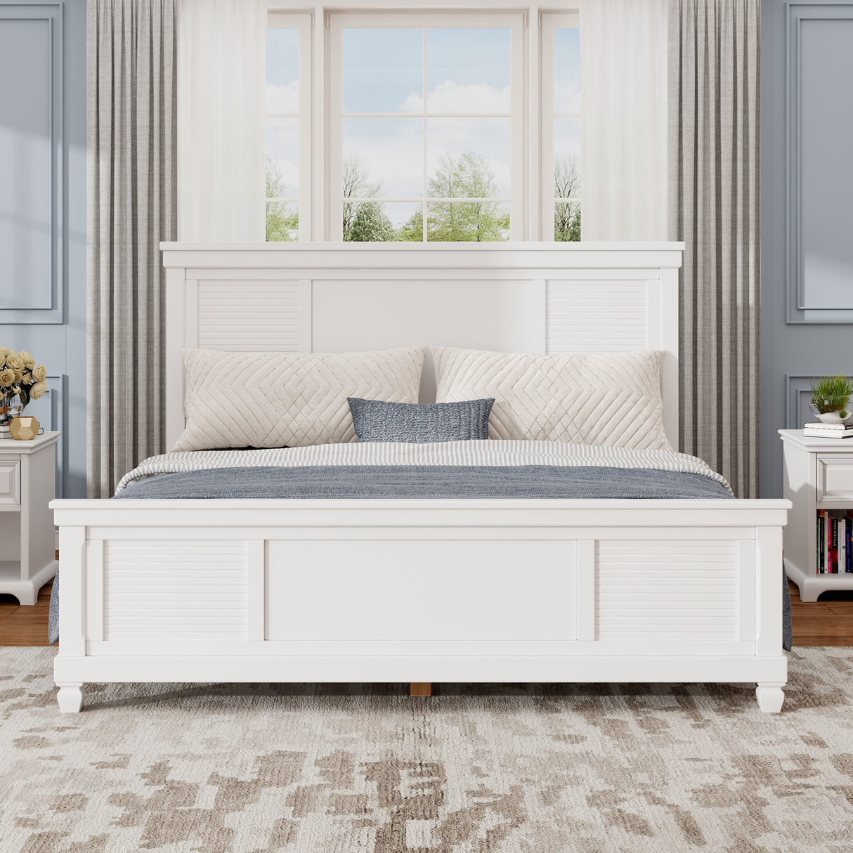 Queen Size White Solid Wood Bed Platform,Farmhouse Style