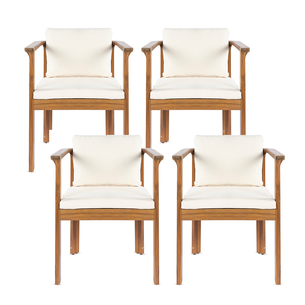Outdoor Dining Chair Set of 4 with Curved Acacia Wood Arms and Cream Cushions