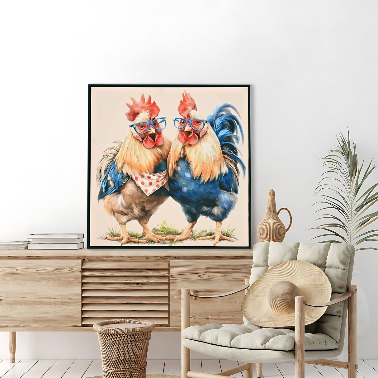 Farmhouse Rooster Wall Art, Rustic Chicken Pictures Wall Decor, Country Farm Coop Canvas Prints Painting, Framed Artwork for Kitchen Living Room Dining Room Bathroom Bedroom 24'x24'