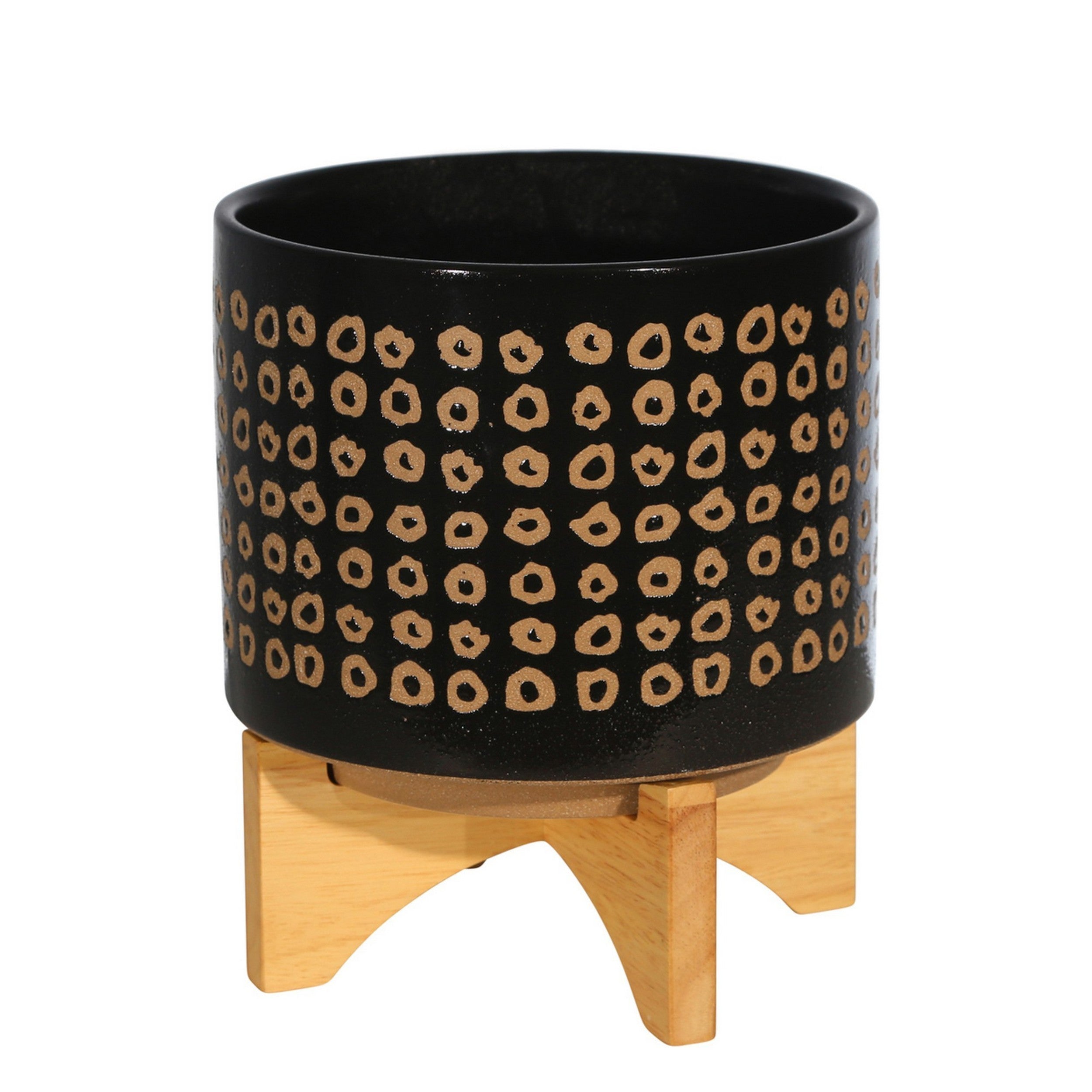 9-Inch-Ceramic-Round-Planter,-Wood-Stand,-Circular-Pattern,-Medium,-Black-Pots-&-Planters