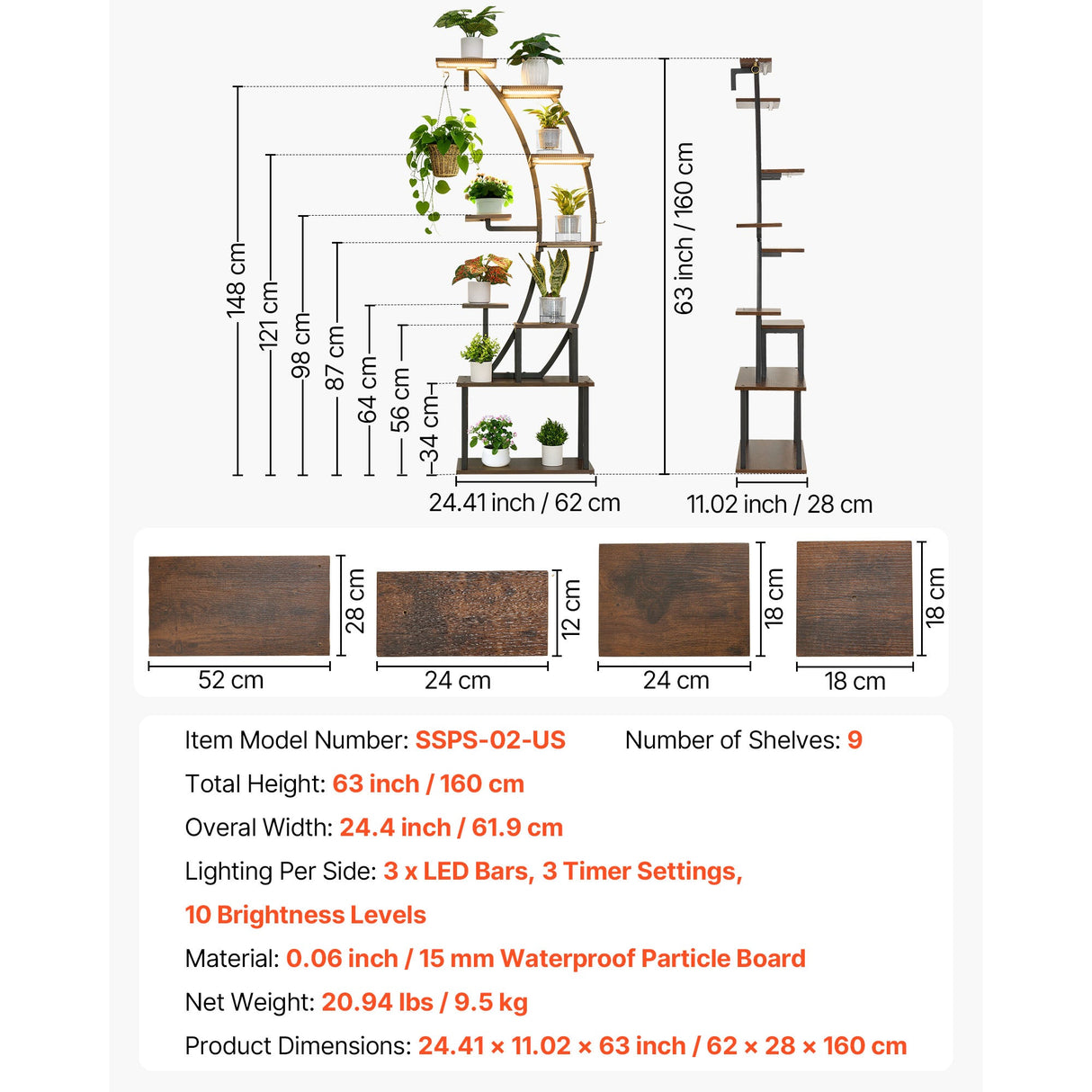 63 in Tall Indoor Plant Stand with Grow Lights