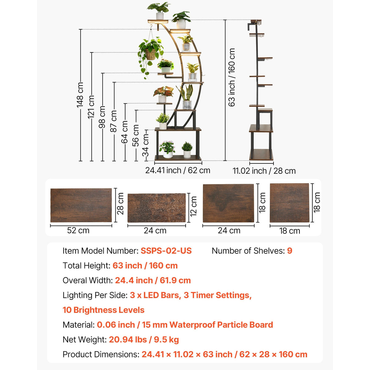 63 in Tall Indoor Plant Stand with Grow Lights