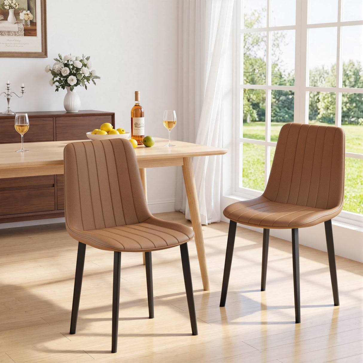 Brown PU Leather Dining Chair with Metal Legs - Set of 4