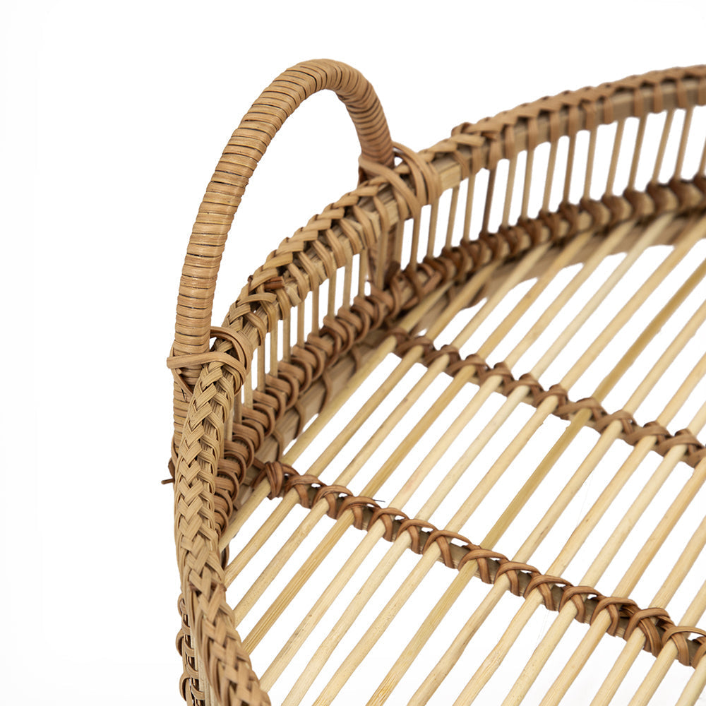 Set of 3 Round Decorative Brown Bamboo Woven Trays with Handles