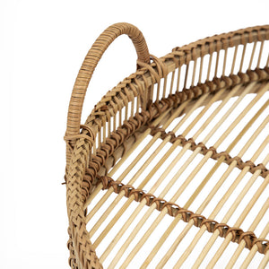 Set of 3 Round Decorative Brown Bamboo Woven Trays with Handles