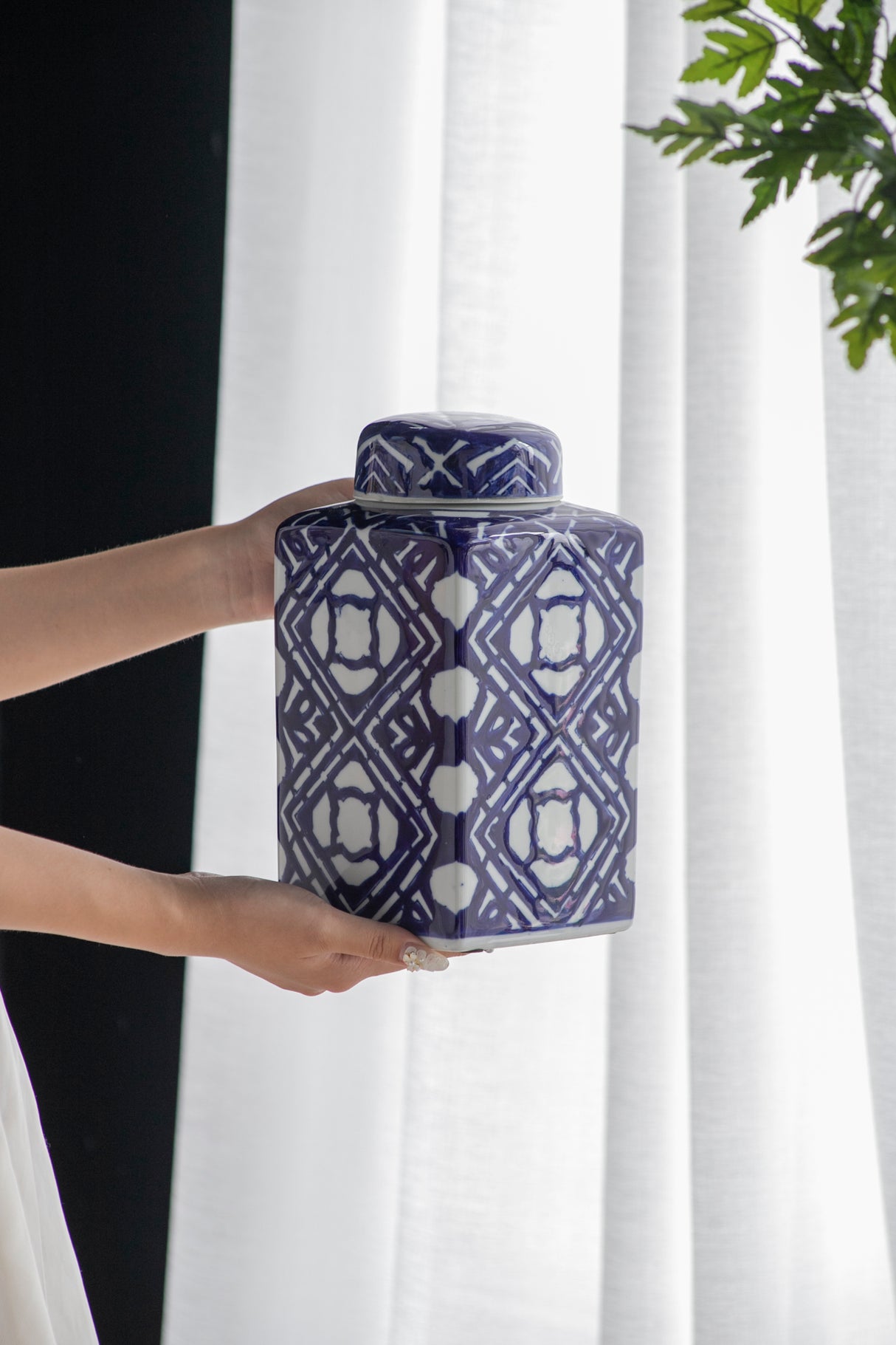 5.3x5.3x10'-Valora-Blue-and-White-Square-Lidded-Jar-Vases