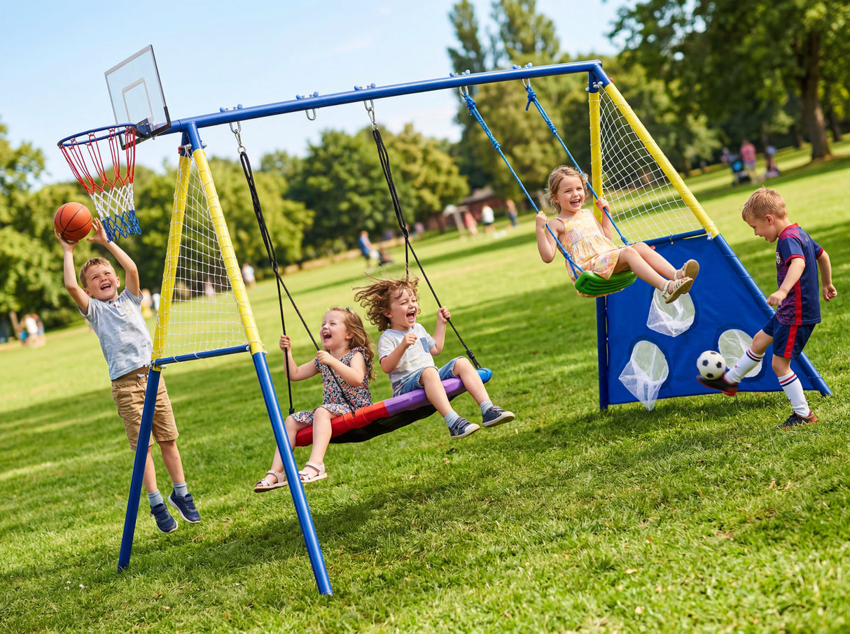 5-in-1 Kids Swing Set with Saucer Swing, Belt Swing, Basketball Hoop & Soccer Goal