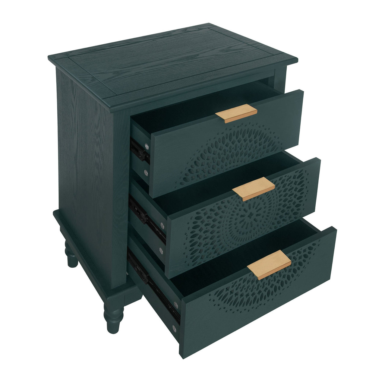 Blackish Green Hollow-Carved 3-Drawer Dresser with Metal Handles