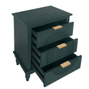 Blackish Green Hollow-Carved 3-Drawer Dresser with Metal Handles