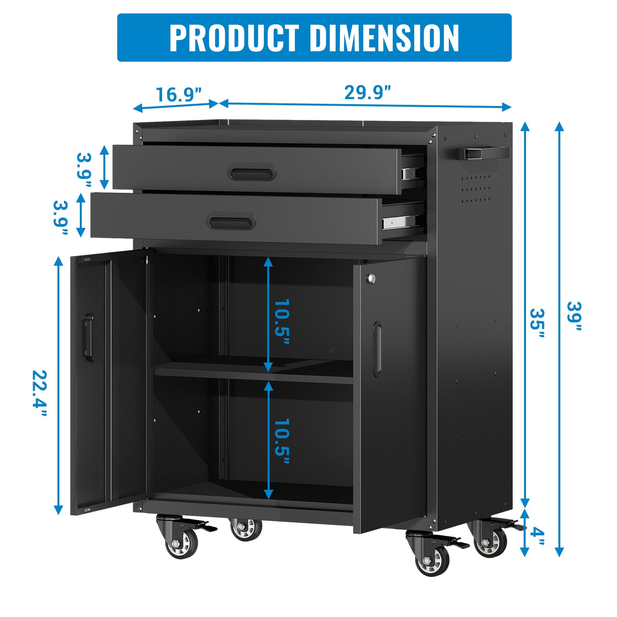 Metal Tool Garage Storage Cabinet with 2 Drawers and 2 Doors, with Wheels and Lock