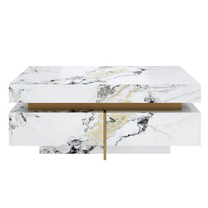 Modern Square Marble Textured Coffee Table with 4 Drawers