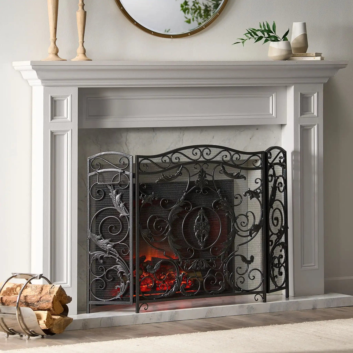 Mariella Traditional Floral Iron Fireplace Screen With Ornate Design