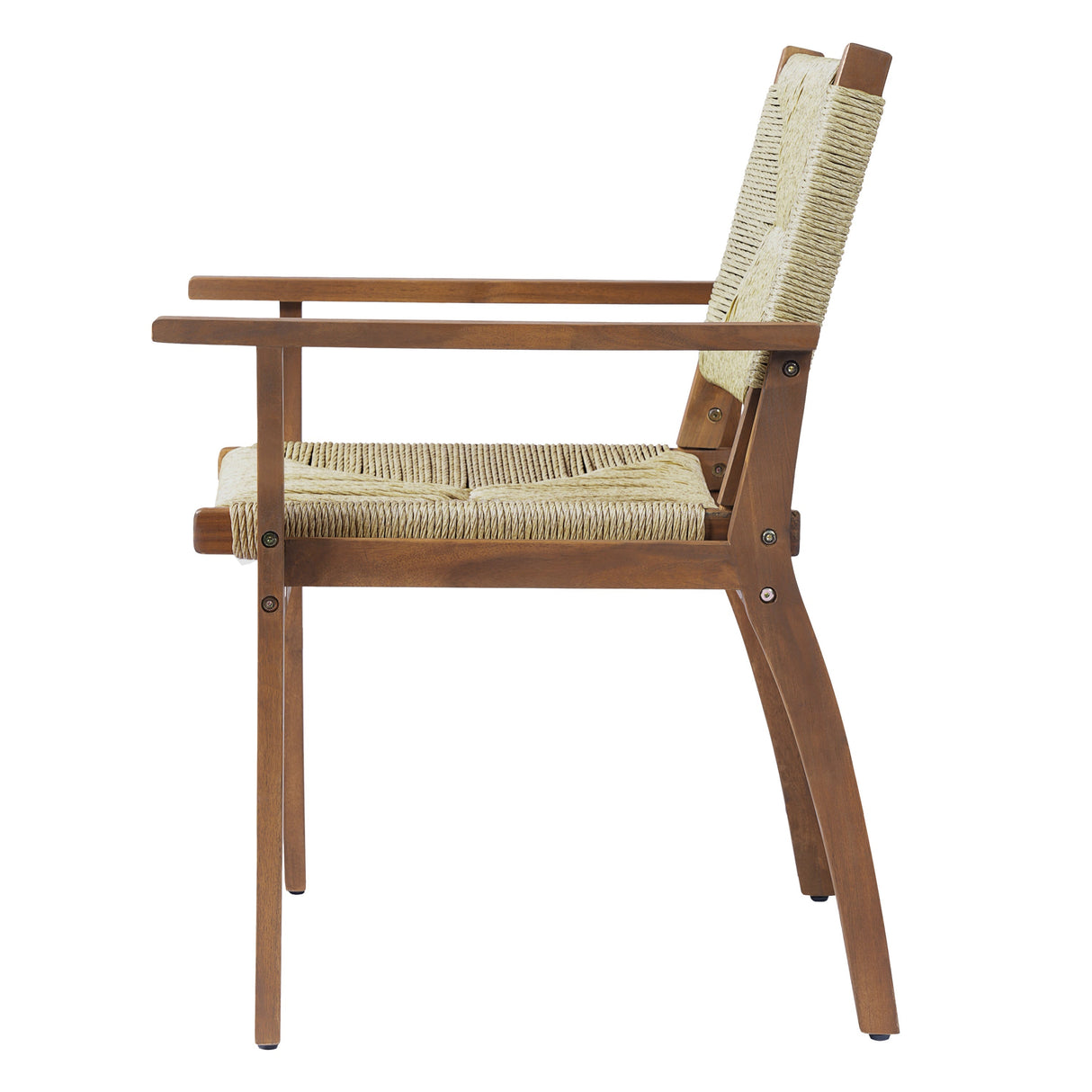5-Piece Outdoor Dining Set: Teak Finish Round Acacia Wood Table & 4 Teak Finish Wicker Armchairs