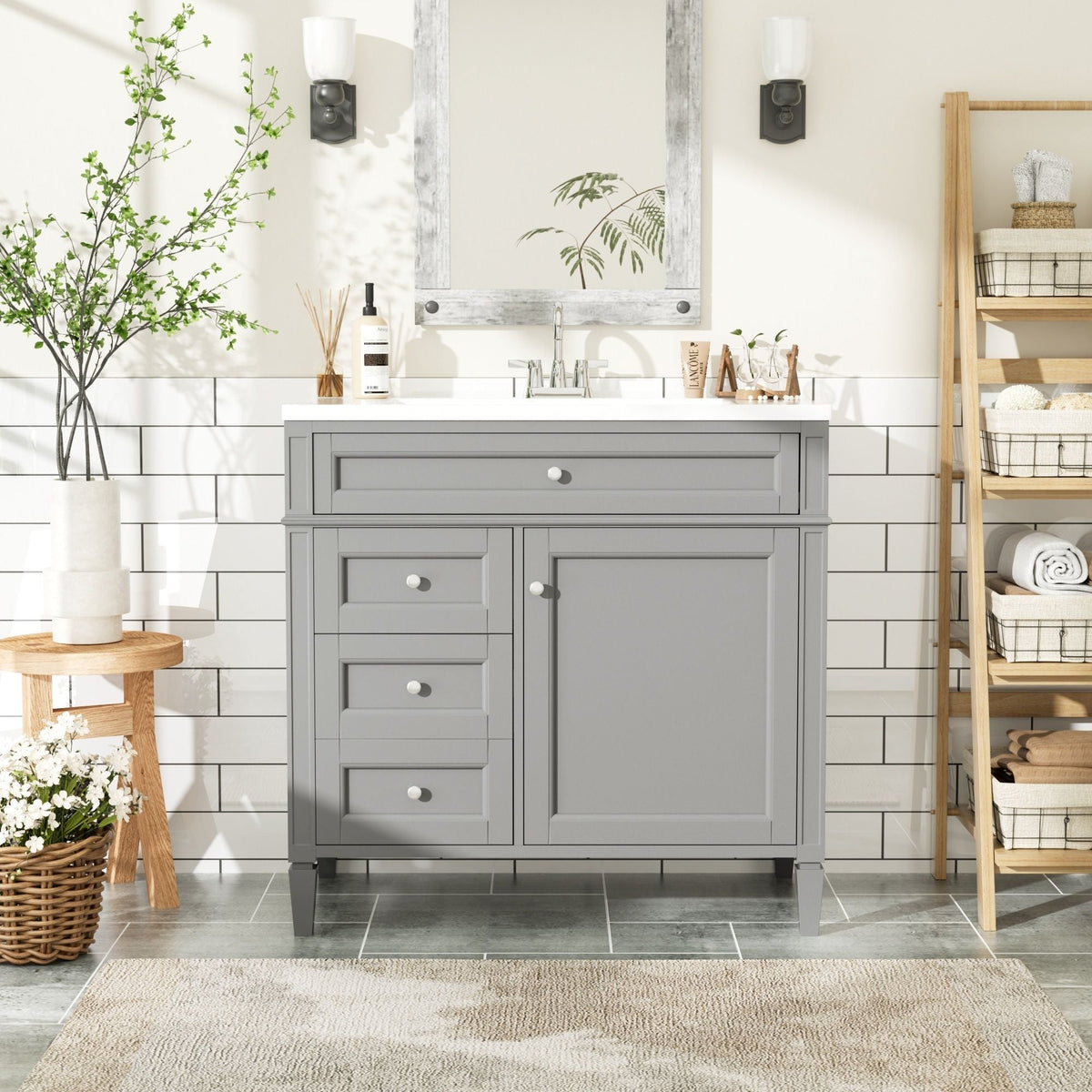 36" Bathroom Vanity with Ceramic Sink and Storage Drawers - Multiple Colors