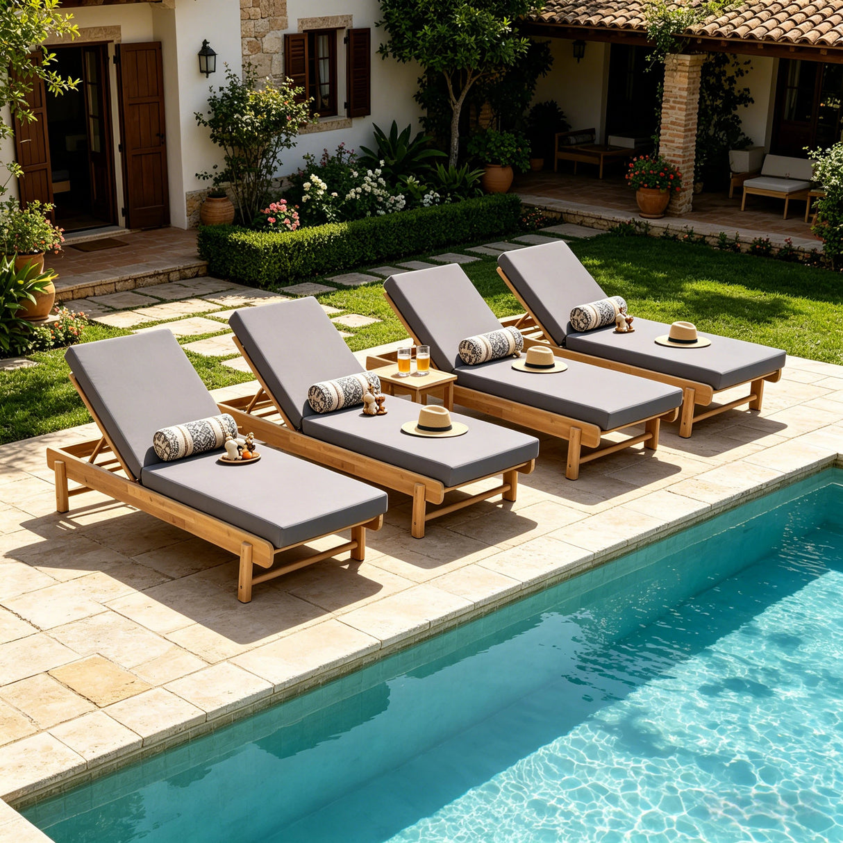 Light Teak Acacia Wood Chaise Lounge Set