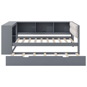 Upholstered Headboard Platform Bed With Storage Shelves, Trundle, Charging Station