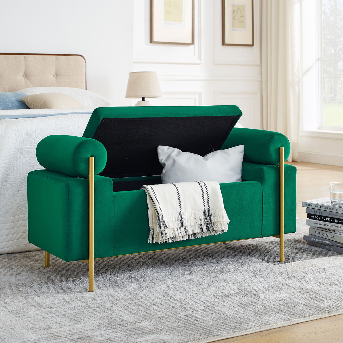 Elegant Upholstered Storage Bench With Cylindrical Arms And Iron Legs,