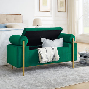 Elegant Upholstered Storage Bench With Cylindrical Arms And Iron Legs,