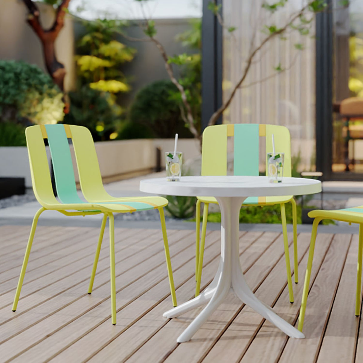 4 Piece Set Of Modern Striped Color Blocking Single Chairs With Round Table