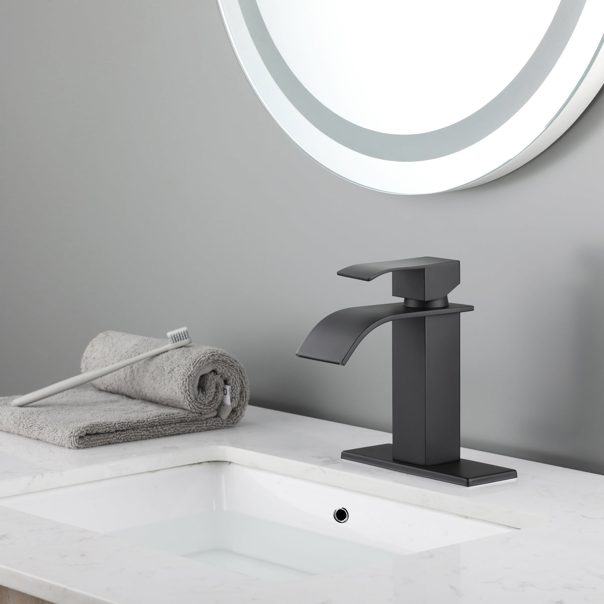 Waterfall Spout Bathroom Sink Single Handle Faucet with Pop-Up Drain