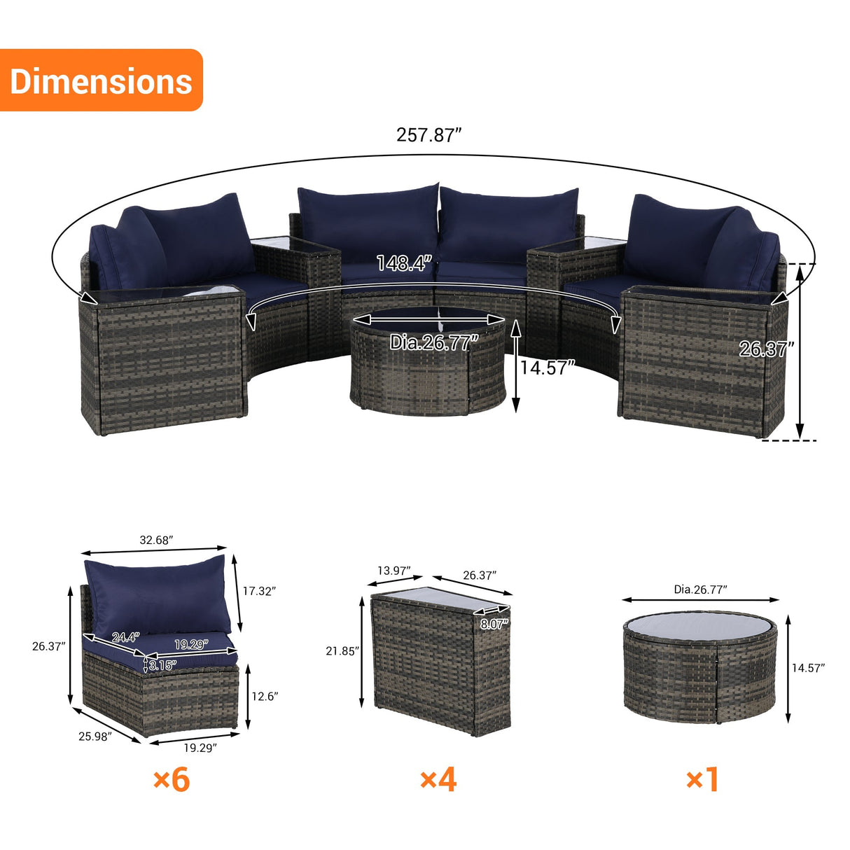 Outdoor Patio Furniture 11-Piece Half-Moon Sectional Round Patio Furniture Set