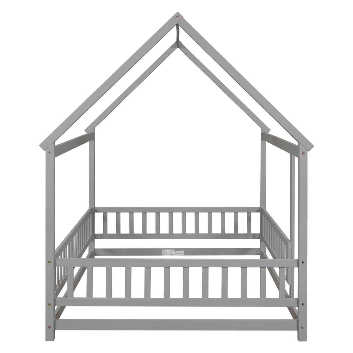 Floor Wooden Bed With House Roof Frame, Fence Guardrails