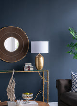 D15x25.7' Round Aluminum Sheet Gold Table Lamp with White Fabric Shade