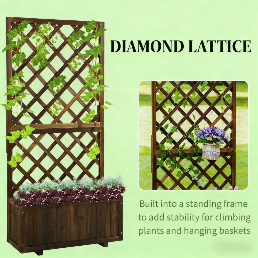 Wooden Raised Garden Bed Planter with Trellis and Drain Holes