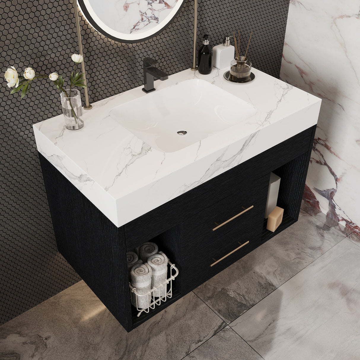 29.9" Modern Floating Bathroom Vanity with Sintered Stone Top