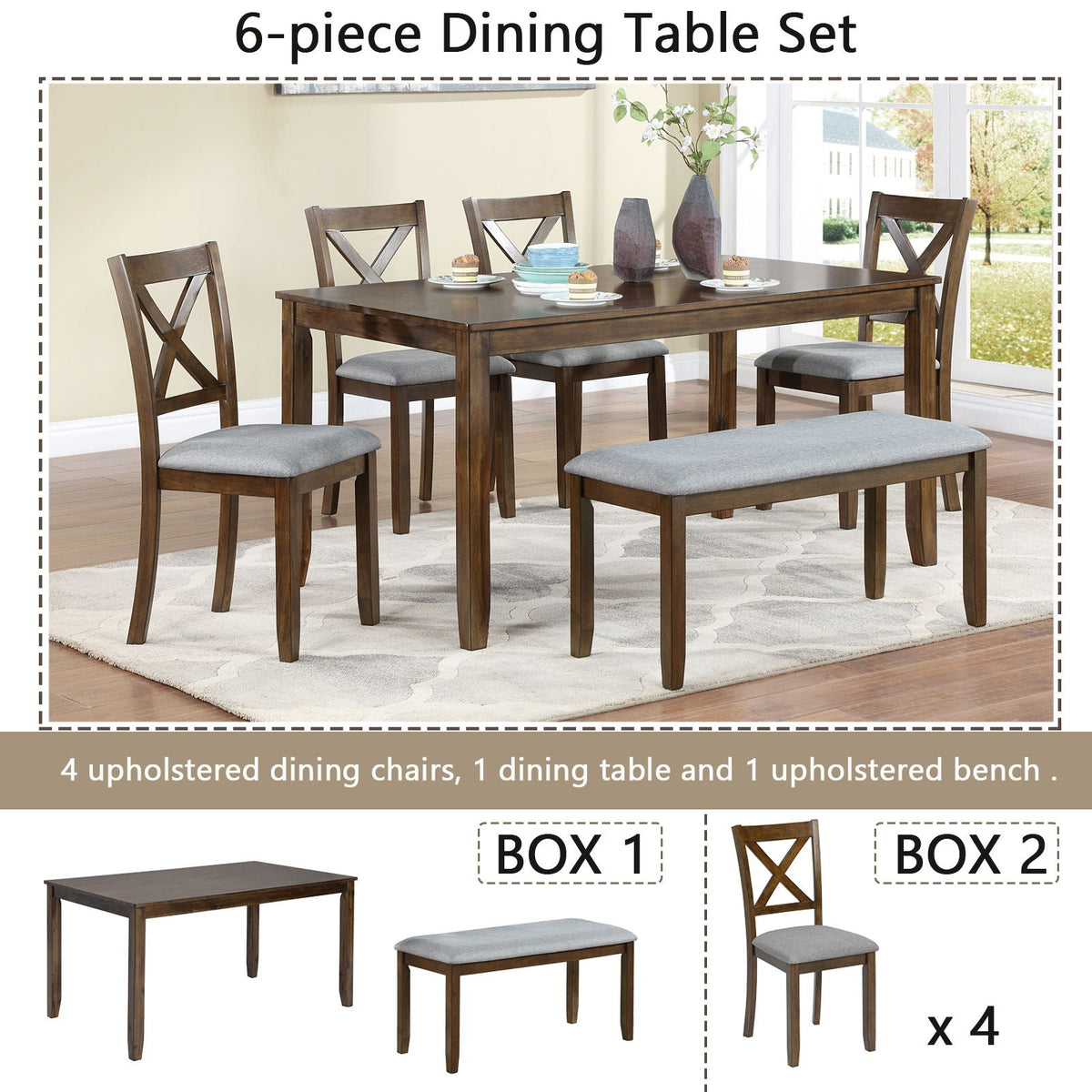 6 Pieces Kitchen Dining Set, Rectangular Wooden Dining Table With 4 Chairs And A Bench