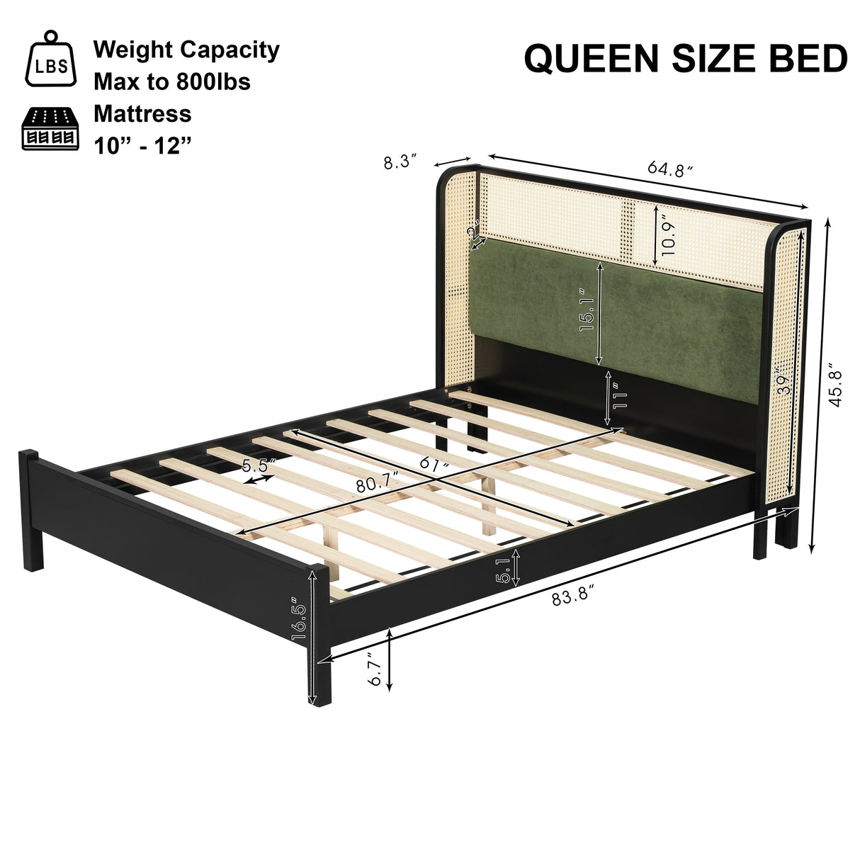 Queen Size Bed Frame with Plush Green Upholstered Headboard