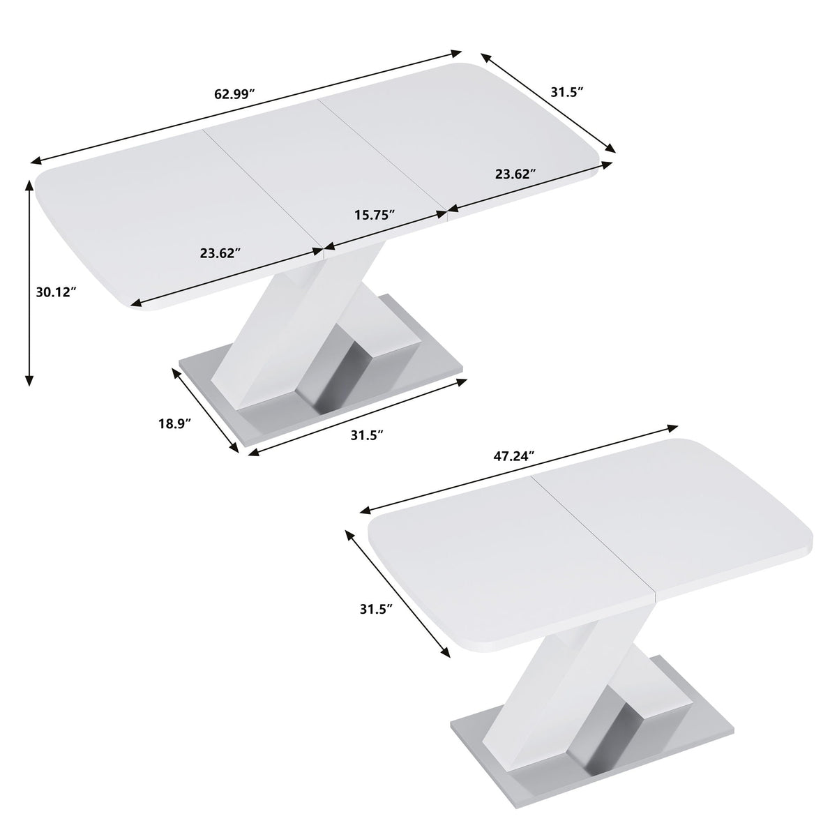 Rectangle Dining Table, Stretchable, X Shape Legs - White