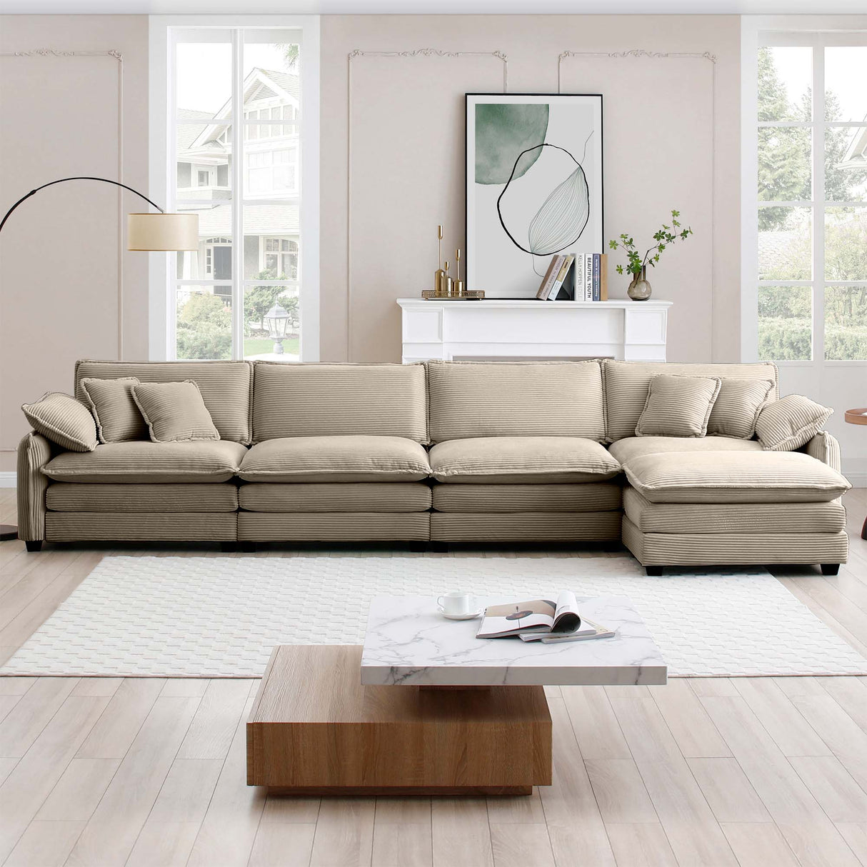 Modern Corduroy Upholstered 4-Seater Sofa with Footstool