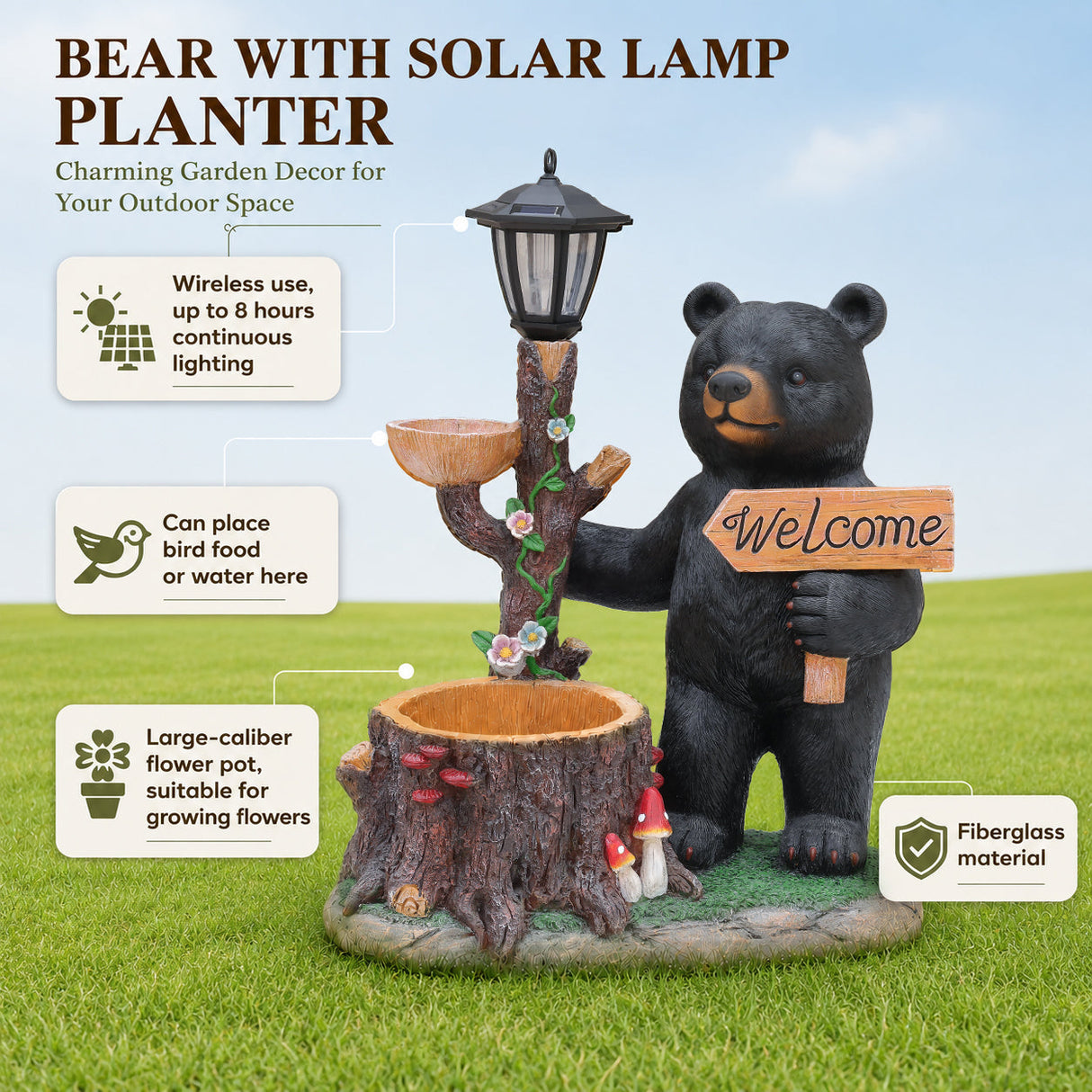 Decorative Standing Black Bear Garden Planter with Solar-Powered Lantern