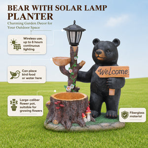 Decorative Standing Black Bear Garden Planter with Solar-Powered Lantern