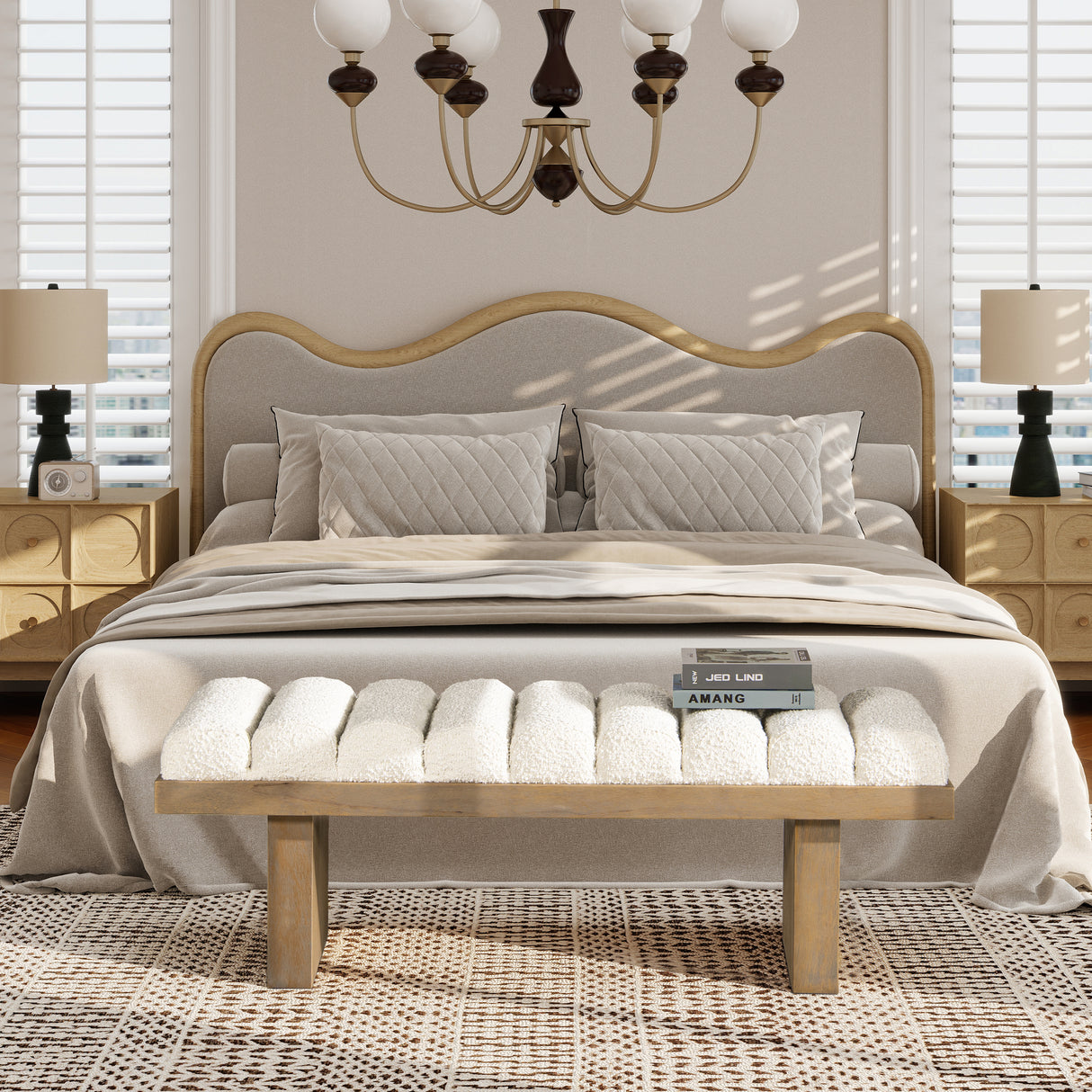 Bella-52'-Upholstered-Modern-Accent-Bench,-Ivory-White-Boucle-