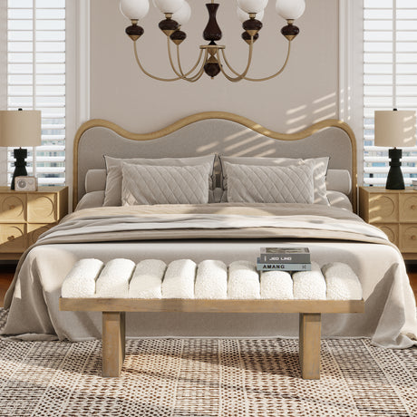 Bella-52'-Upholstered-Modern-Accent-Bench,-Ivory-White-Boucle-
