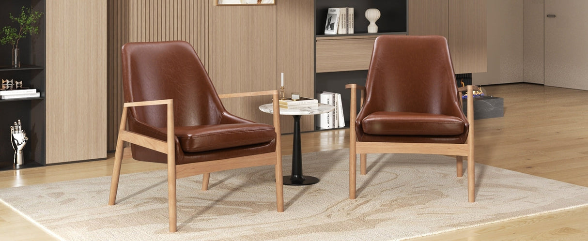 U-Can PU Leather Accent Chair Set of 2 Mid-Century Modern Armchair with Solid Wood Frame